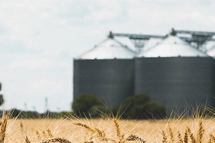 Uma fábrica com multisilos típica para armazenamento de alimentos, por exemplo, grãos